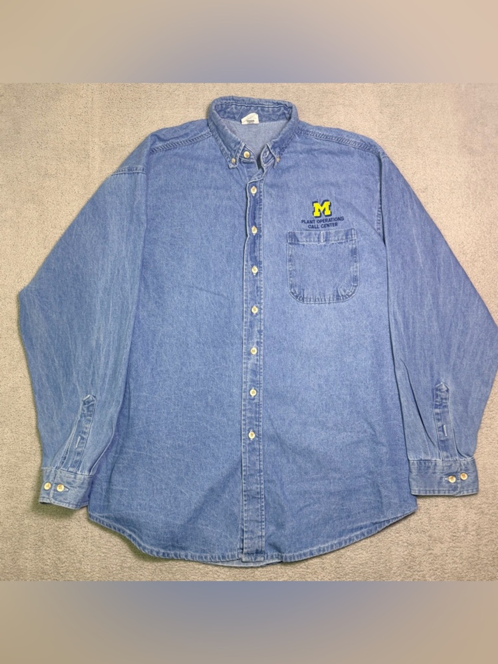 Vtg Union Line University Of Michigan Plant Operations Call Center Denim Shirt L